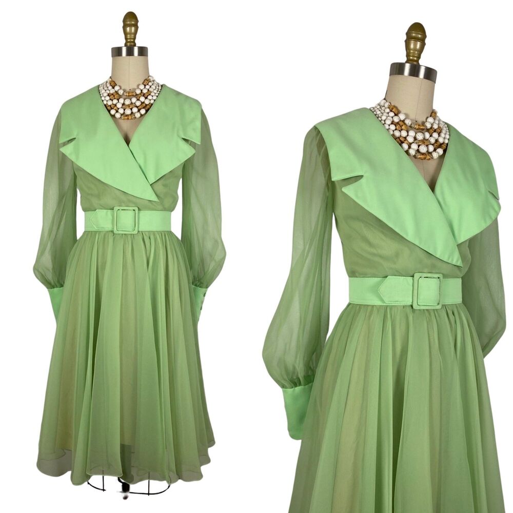 Vintage 1970s Pastel Green Chiffon Dress with Oversized Collar by COCO | Size M